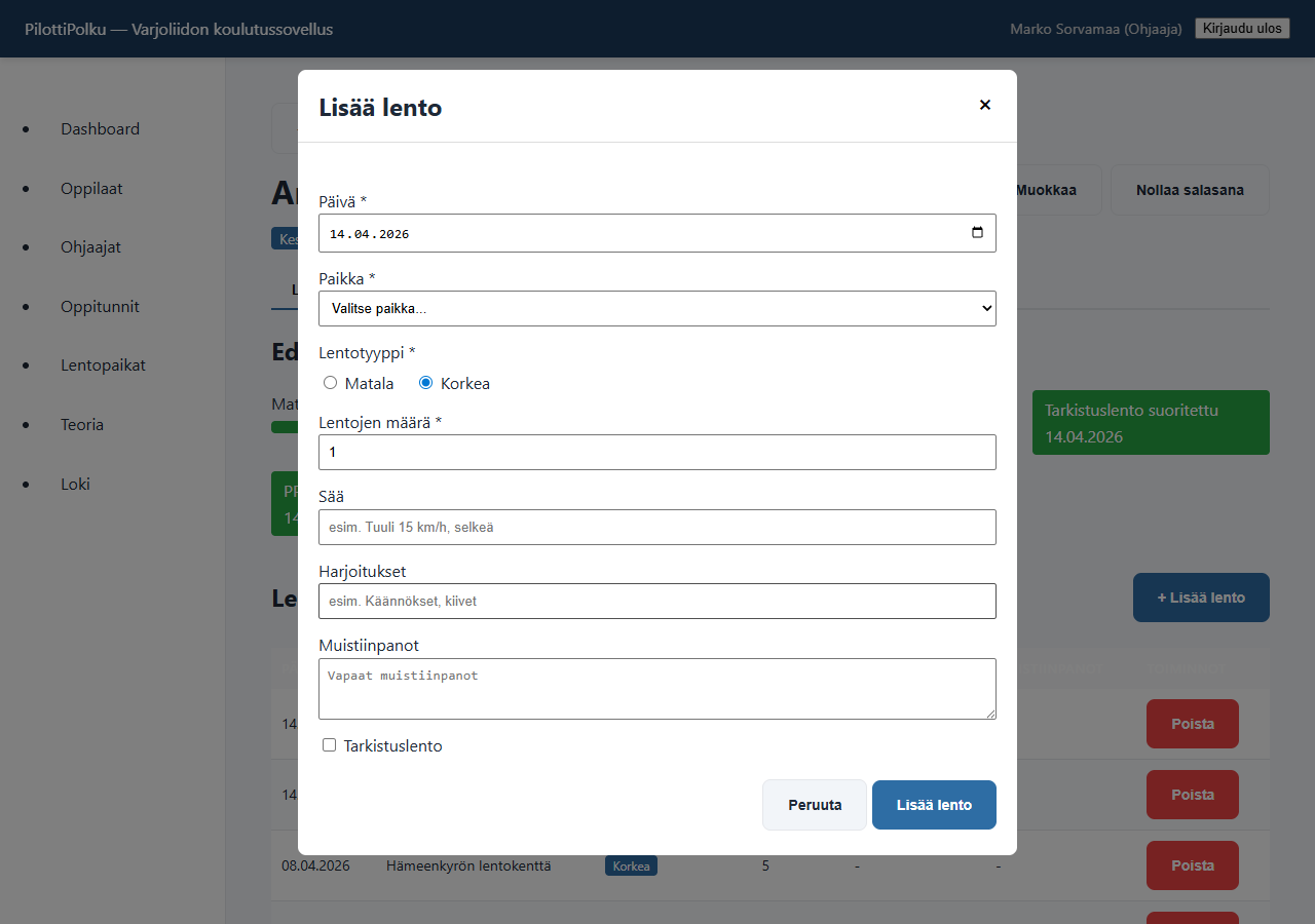 Kuva 5. Lennon lisäyslomake.
