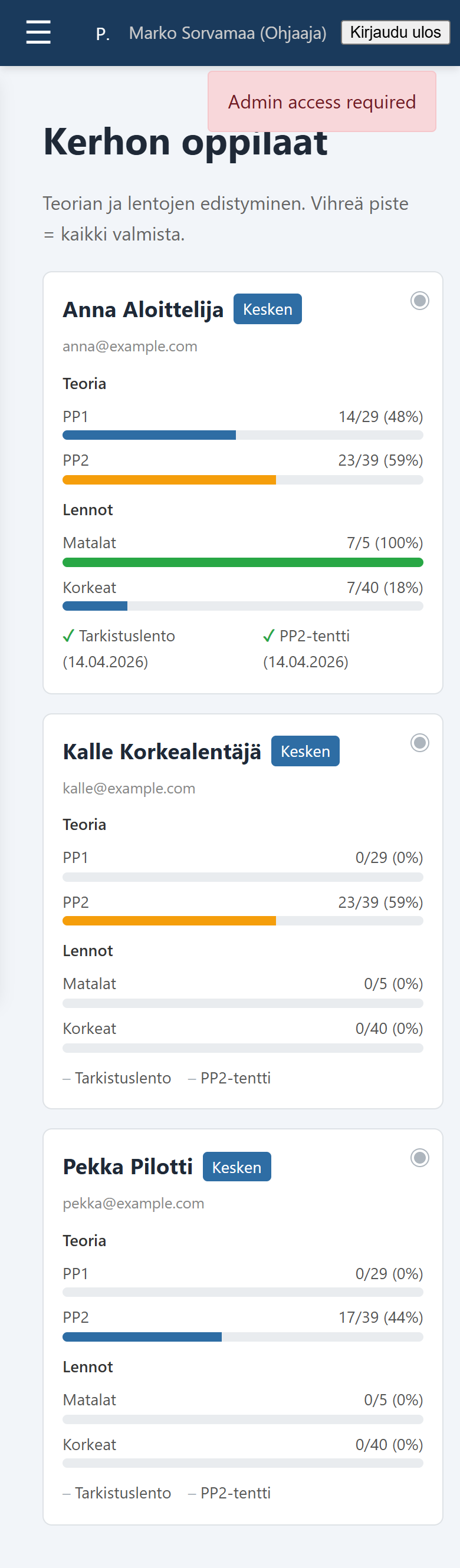 Kuva 9. Oppilaat-näkymä mobiilissa.